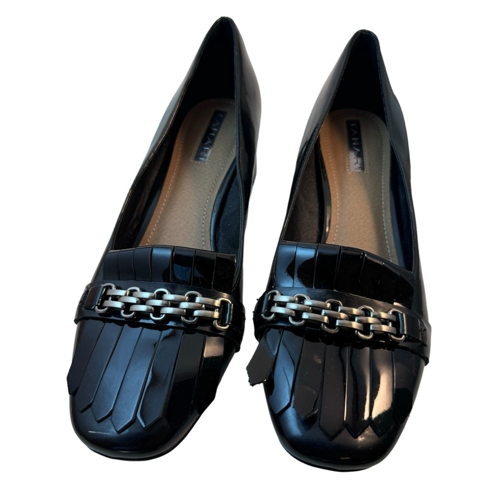 Tahari Mary Black patent leather Silver Chain Patent Pumps - 8 block heel